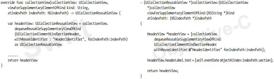 使用UICollectionView的dequeueReusableSupplementaryViewOfKind:withReuseIdentifier:forIndexPath:方法獲得可重用的補(bǔ)充視圖，模式代碼